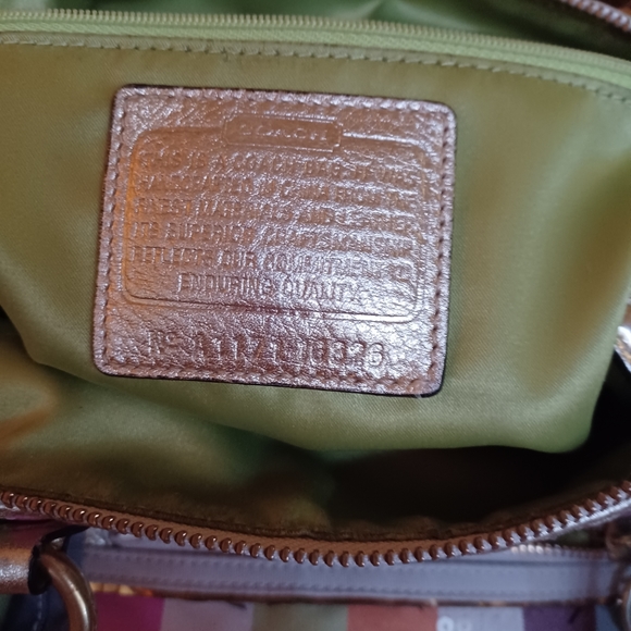 COACH  POPPY BAG , GOLD LEATHER TRIM, STRIPED FABRIC GENTLY USED  "As Is" - Picture 3 of 13